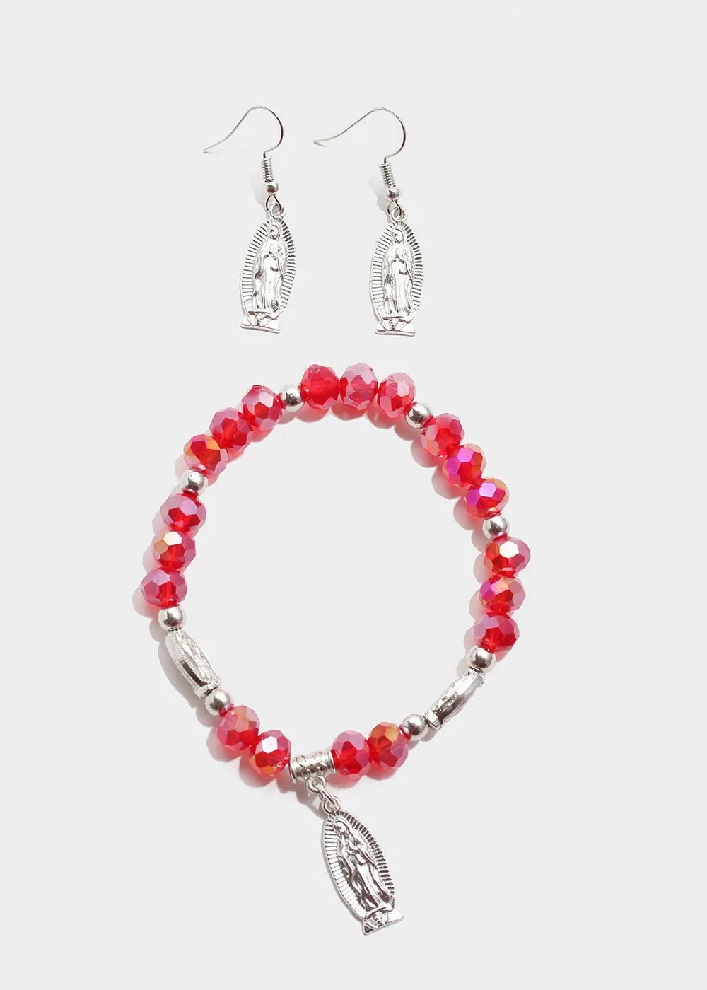 Red Virgin Mary Bead Bracelet &amp; Earring Set