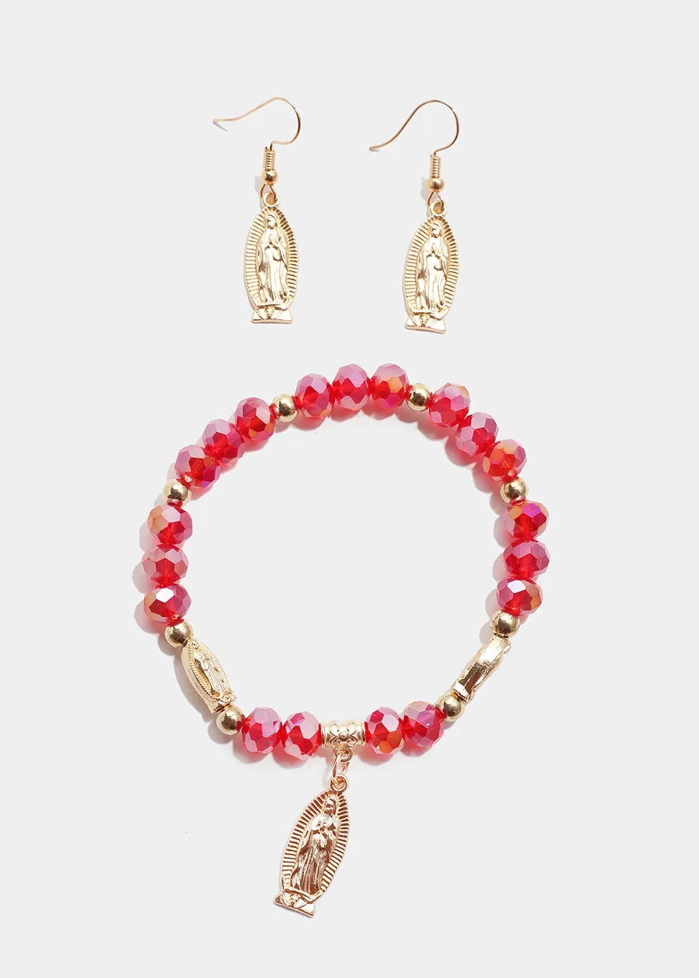 Red Virgin Mary Bead Bracelet &amp; Earring Set