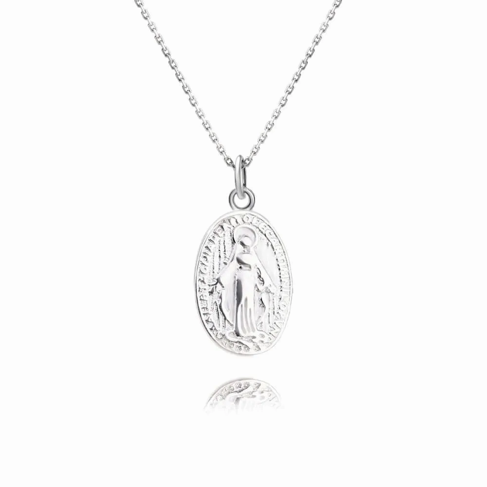 Religious Round Plaque Silver Virgin Mary Necklace