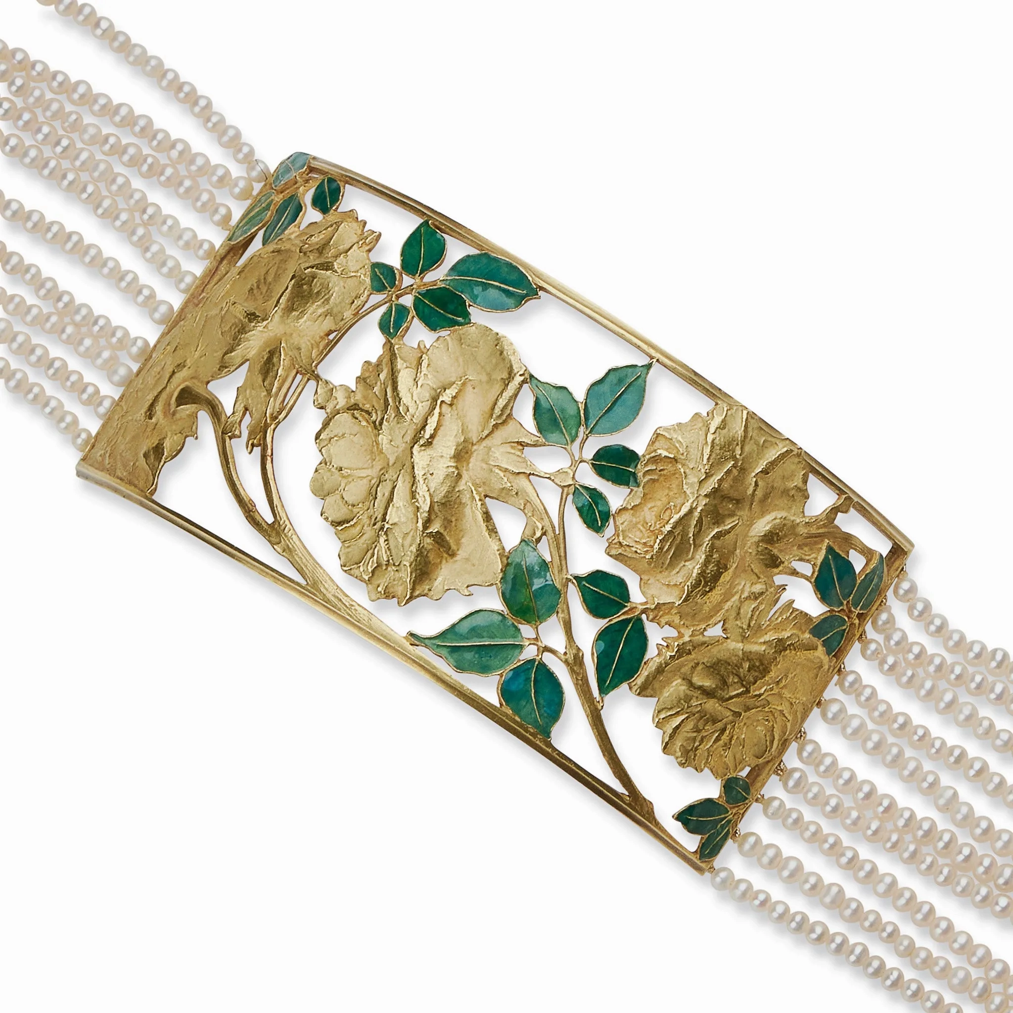 Ren?? Lalique Art Nouveau 18K Gold, Enamel and Seed Pearl &quot;Collier de chien&quot; Necklace