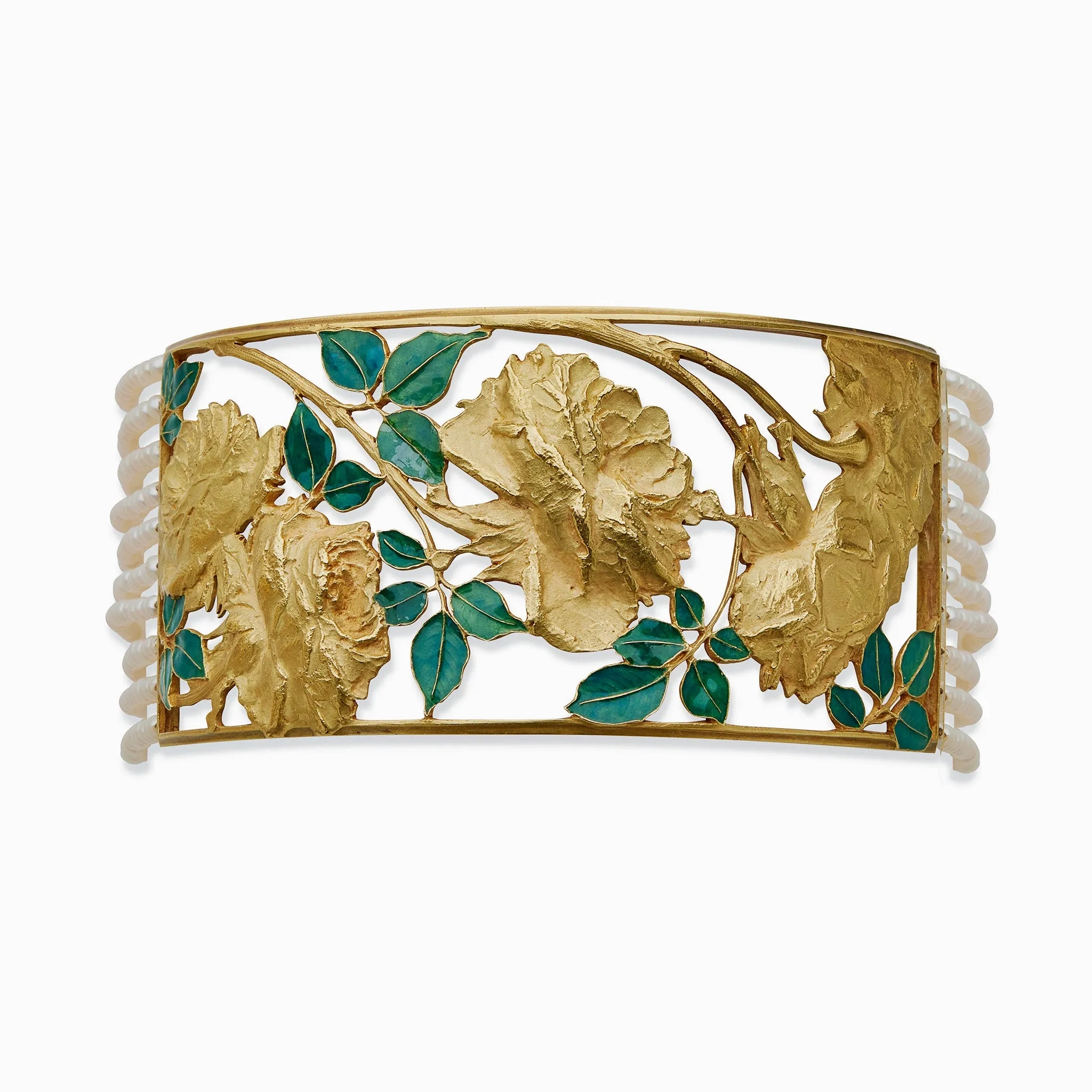 Ren?? Lalique Art Nouveau 18K Gold, Enamel and Seed Pearl &quot;Collier de chien&quot; Necklace