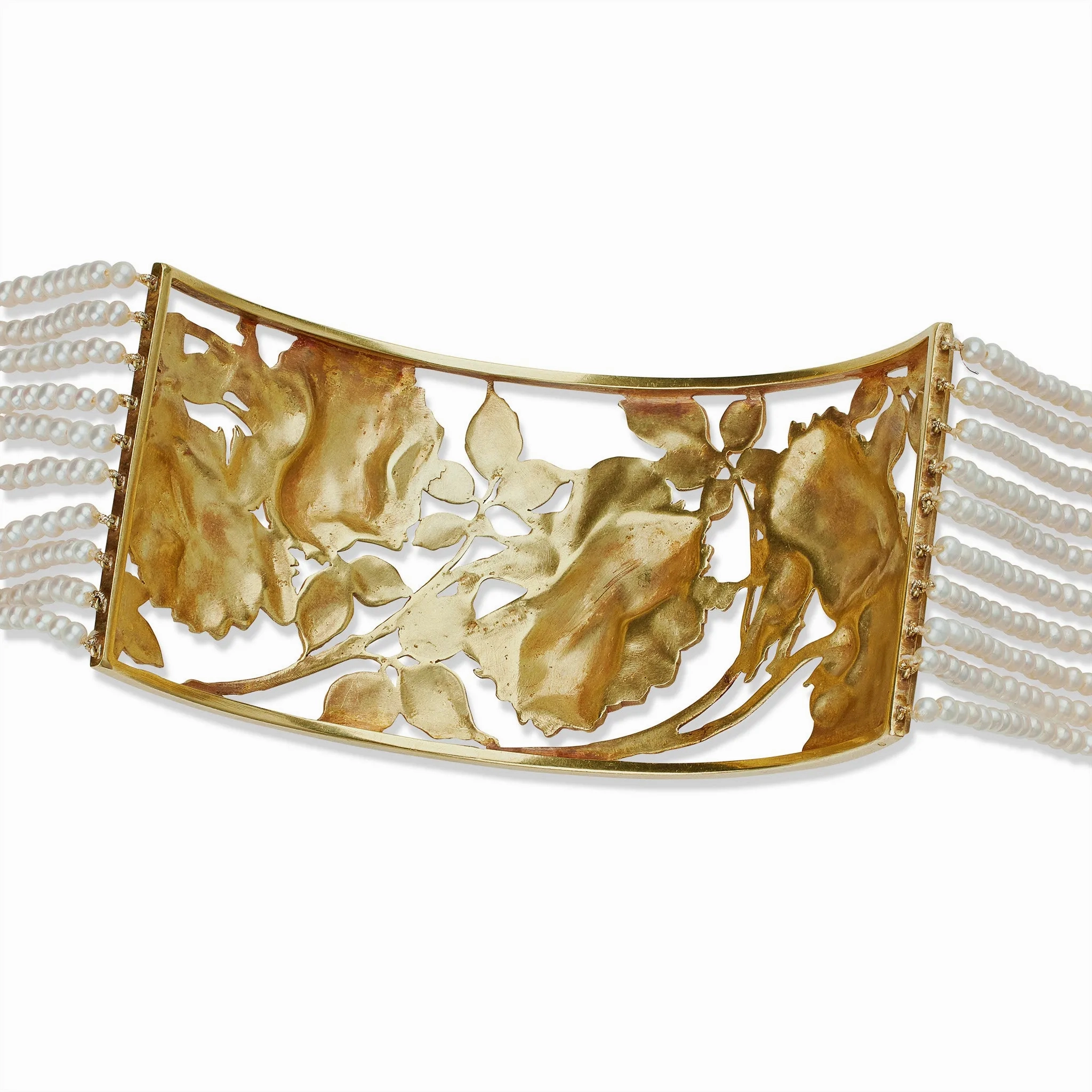 Ren?? Lalique Art Nouveau 18K Gold, Enamel and Seed Pearl &quot;Collier de chien&quot; Necklace