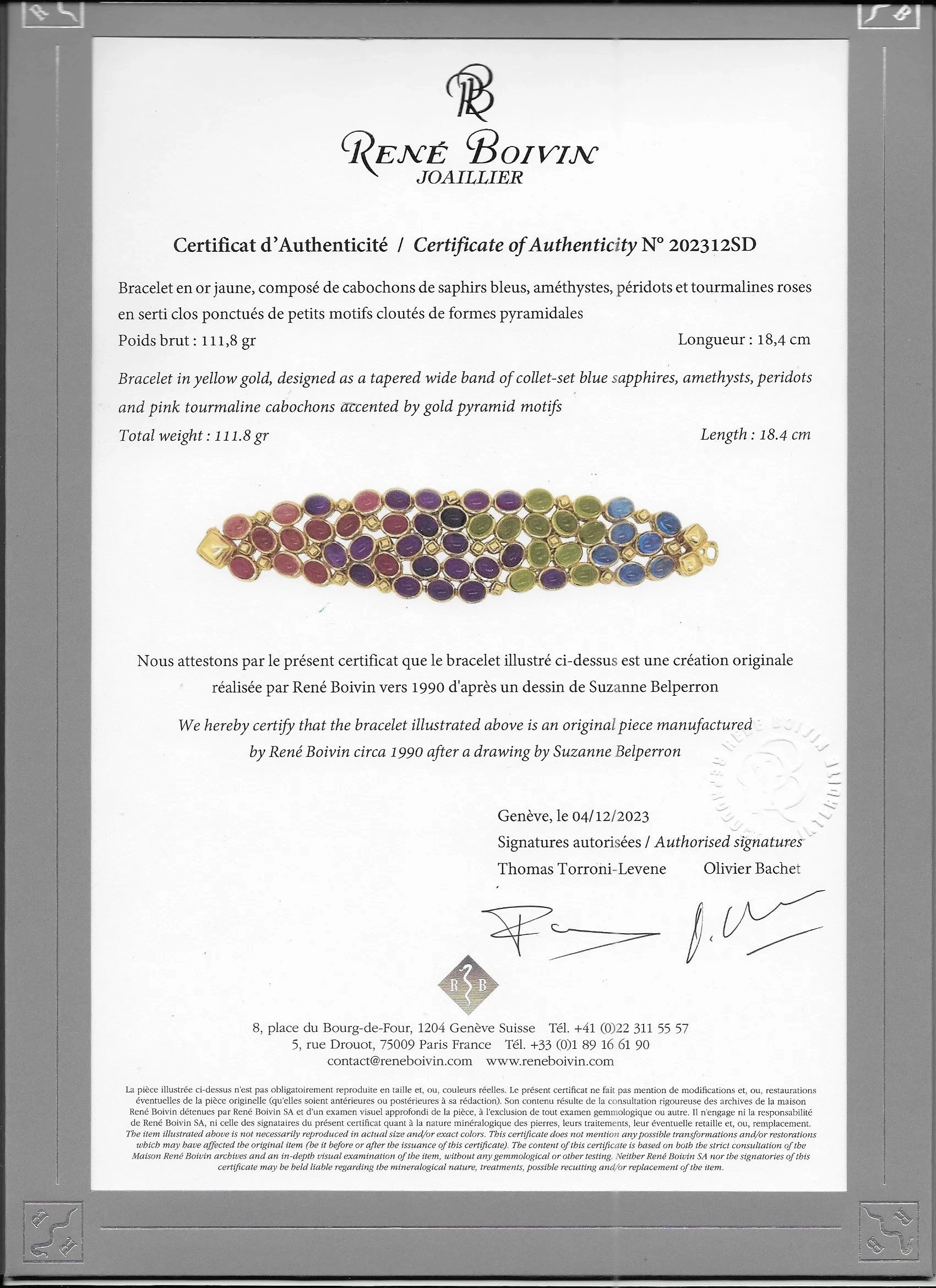 Ren Boivin Sapphire, Pink Tourmaline, Peridot and Amethyst Bracelet