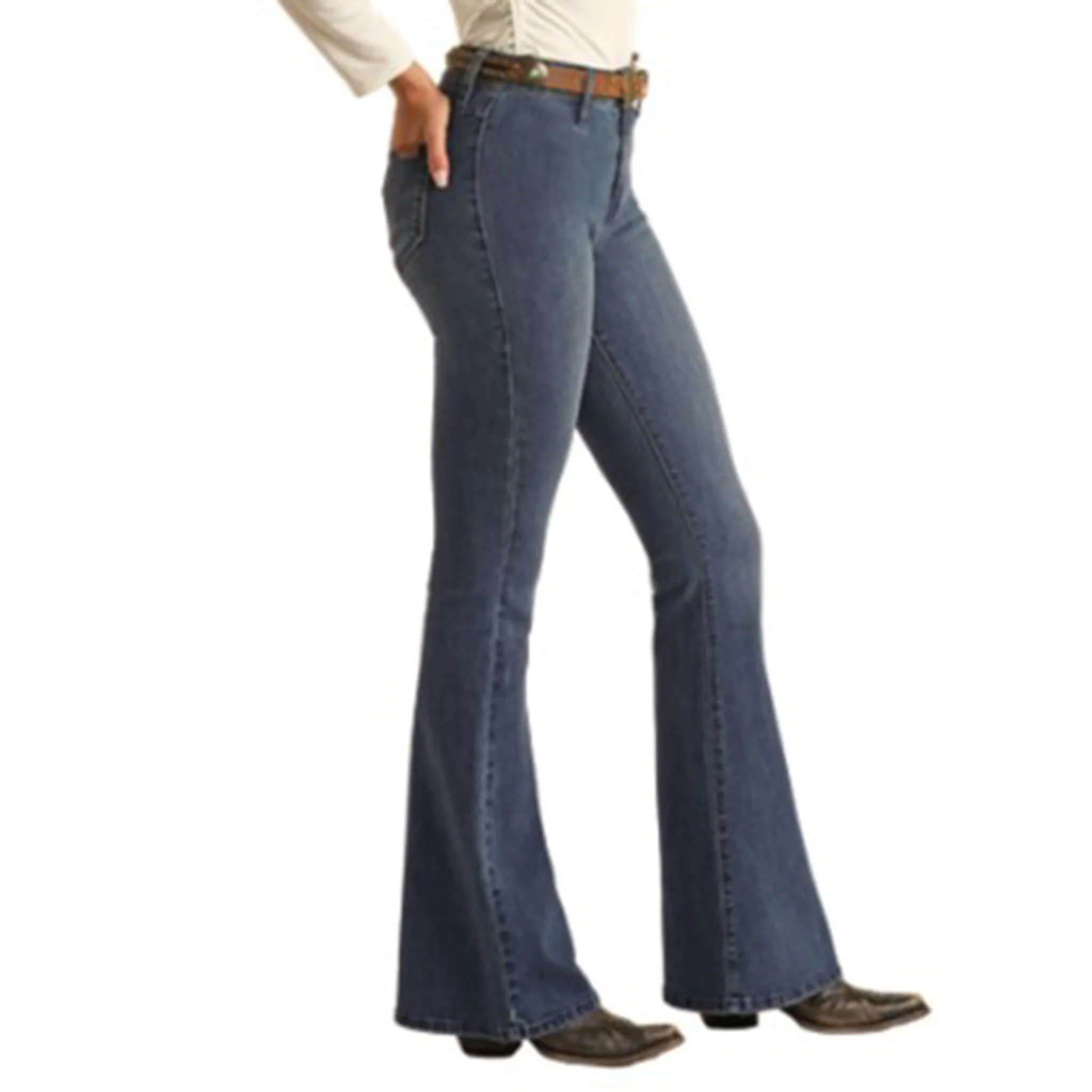 Rock & Roll Damen Jeans mit mittlerer Waschung und Knopf-Flare