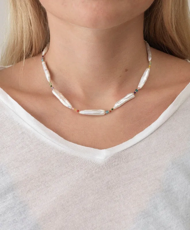 Rock &amp; Sea Gold Plated Necklace w. White Beads &amp; Gemstones