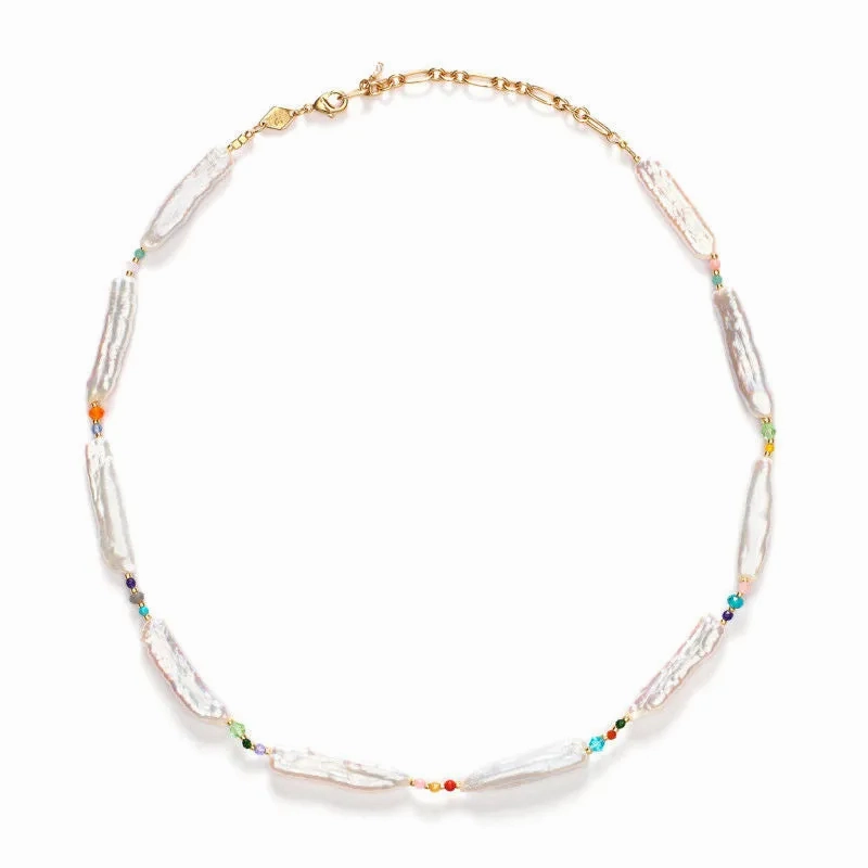 Rock &amp; Sea Gold Plated Necklace w. White Beads &amp; Gemstones