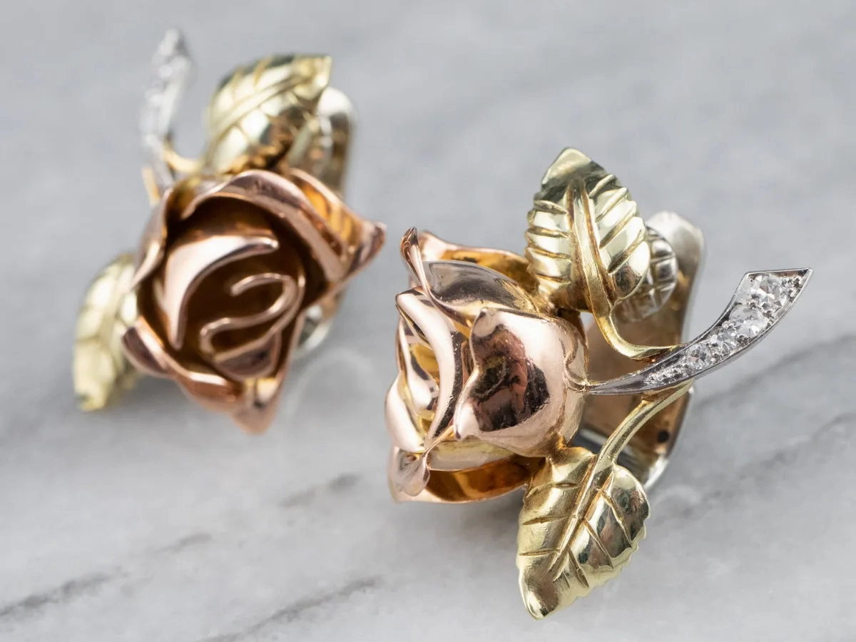 Rose Diamond and Gold Screw Back Earrings
