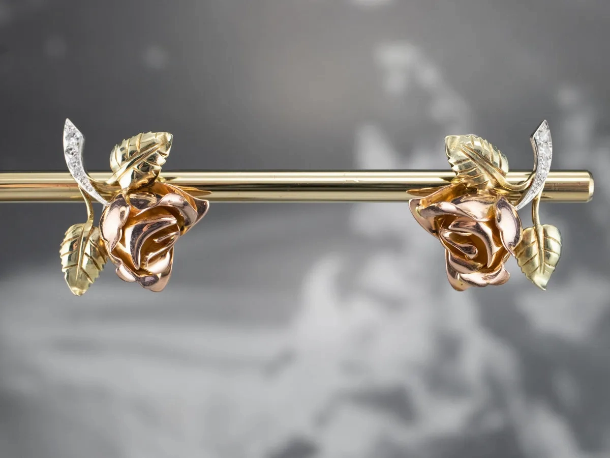 Rose Diamond and Gold Screw Back Earrings