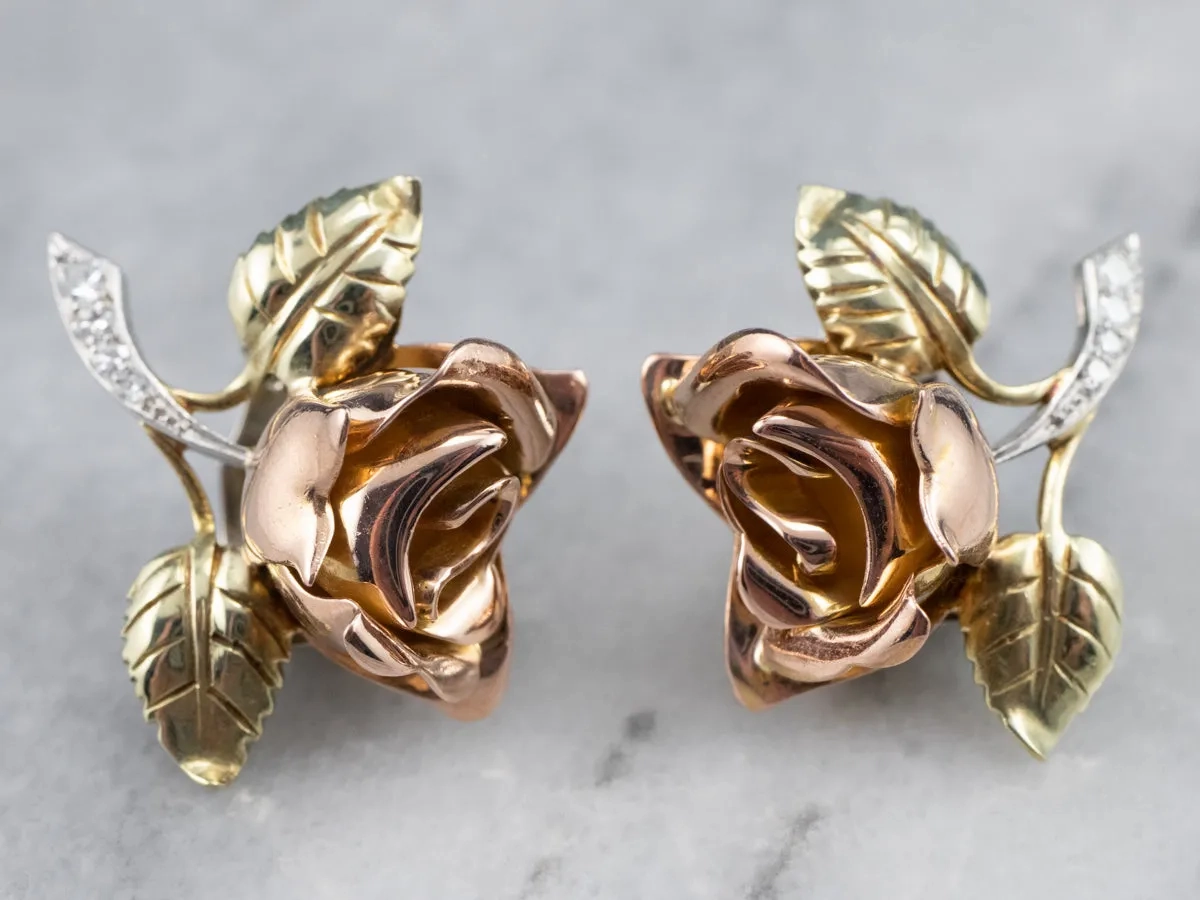 Rose Diamond and Gold Screw Back Earrings