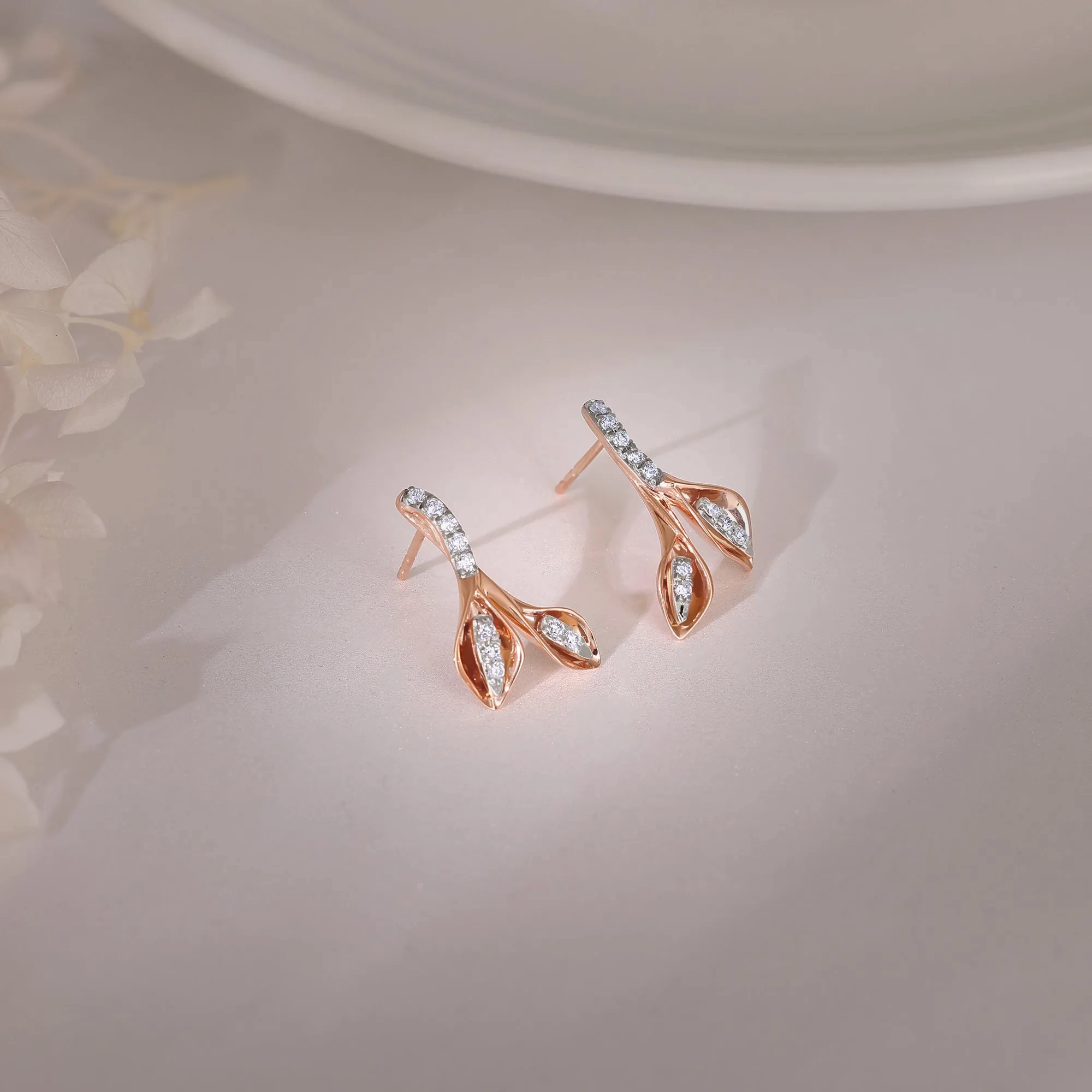 Rose Gold Leafy Flare Diamond Earrings