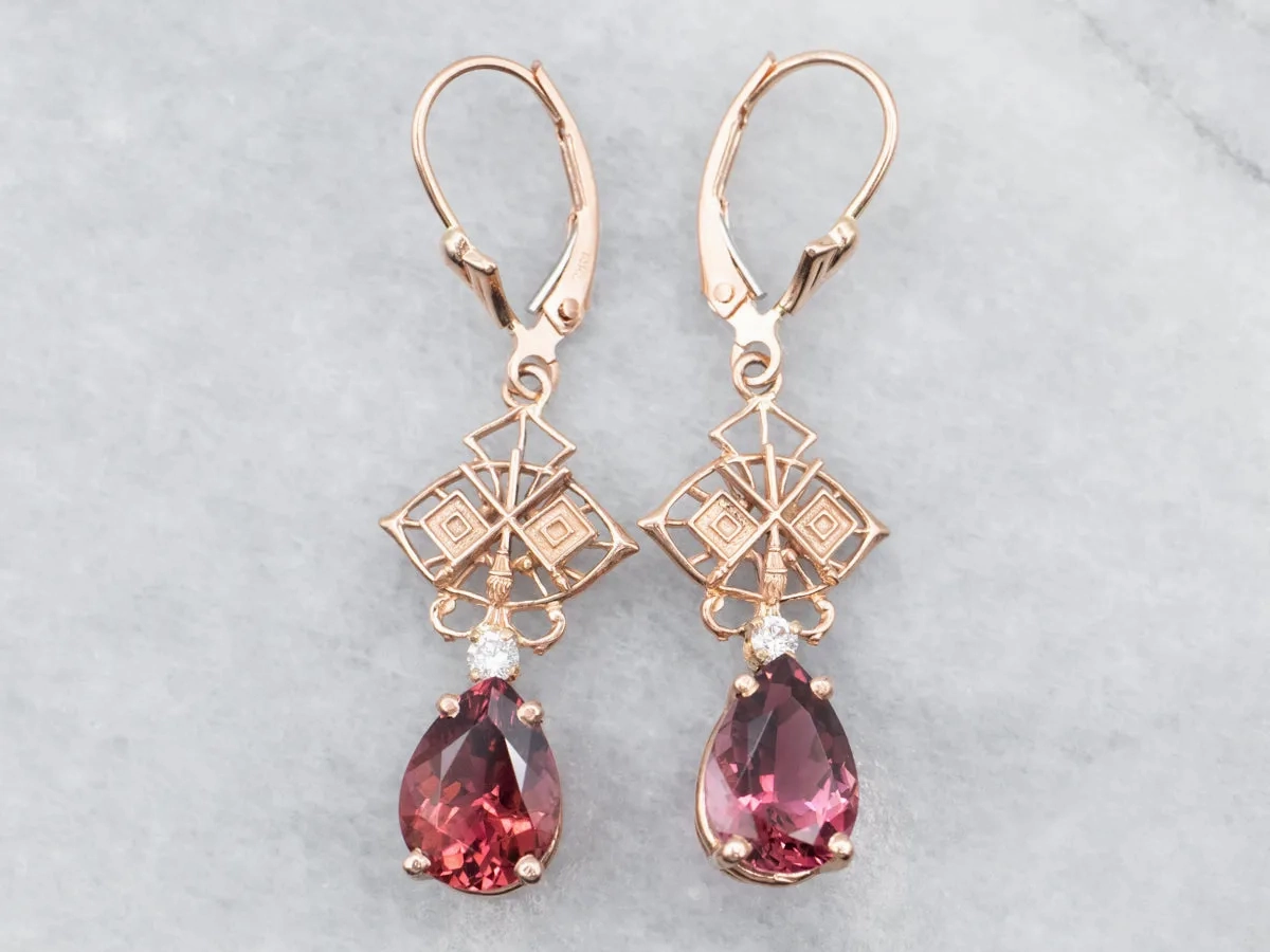Rose Gold Pink Tourmaline Drop Earrings with Diamond Accents
