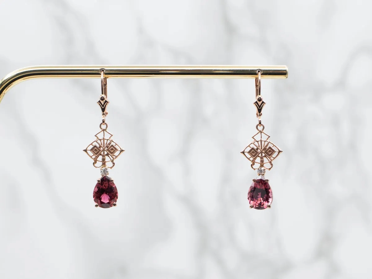 Rose Gold Pink Tourmaline Drop Earrings with Diamond Accents