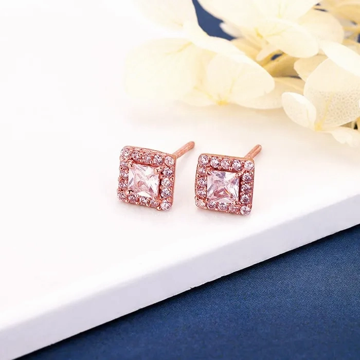 Rose Gold Zircon Square Halo Earrings