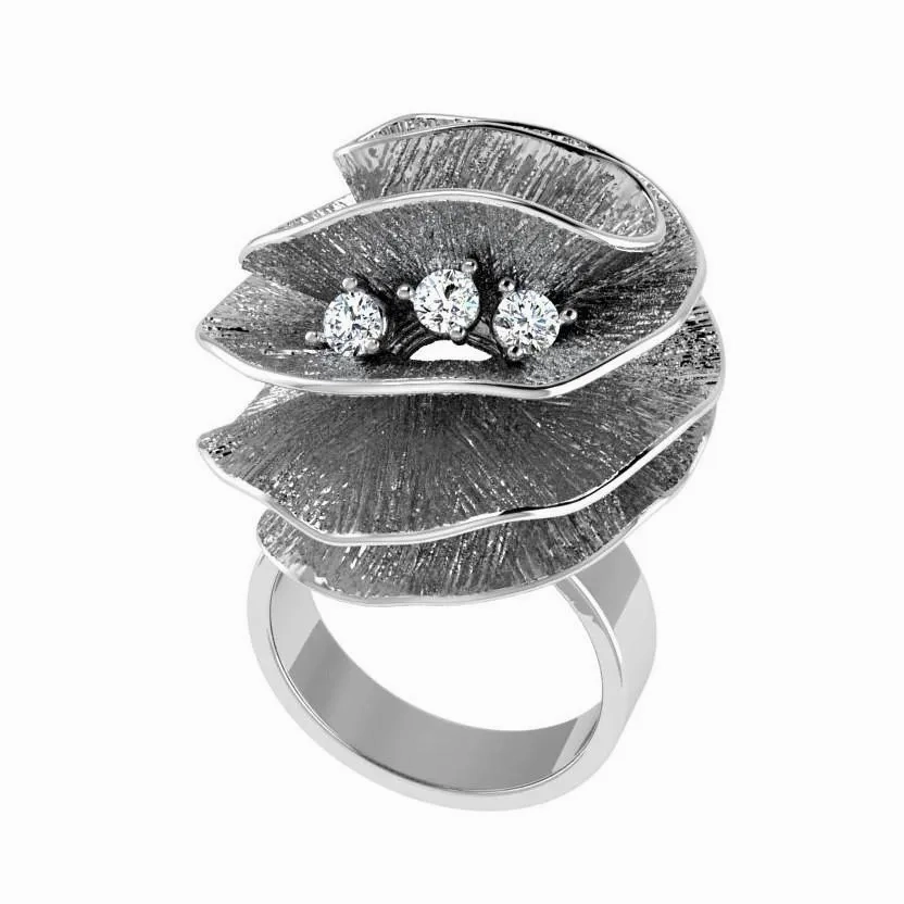 Rose Shaped Diamond Flower Ring 18K Yellow Gold