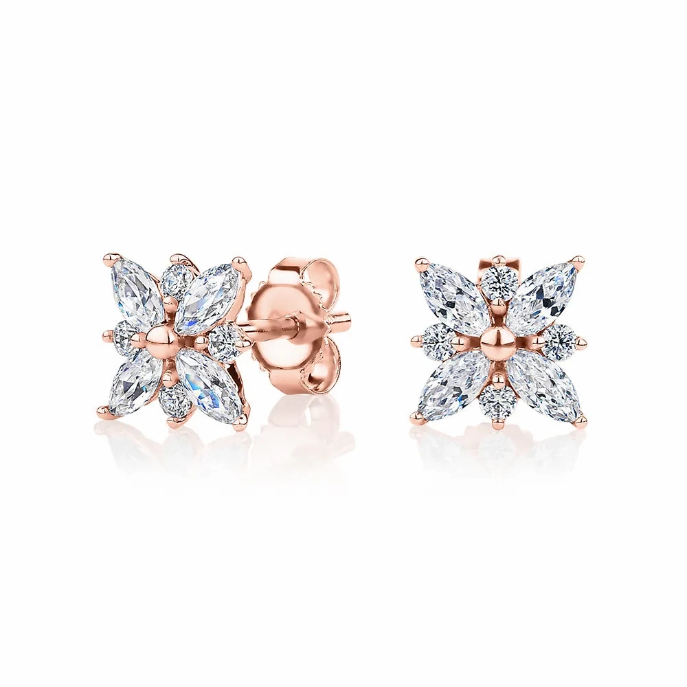 Round Brilliant and Marquise stud earrings with 0.84 carats* of diamond simulants in 10 carat rose gold