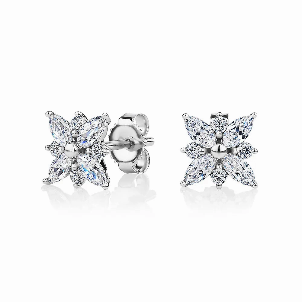 Round Brilliant and Marquise stud earrings with 0.84 carats* of diamond simulants in 10 carat white gold