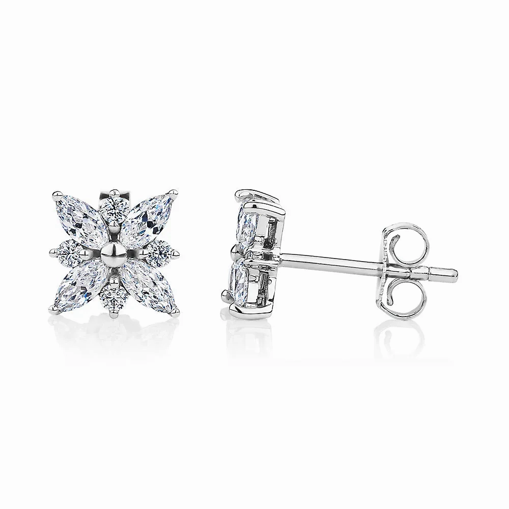 Round Brilliant and Marquise stud earrings with 0.84 carats* of diamond simulants in 10 carat white gold