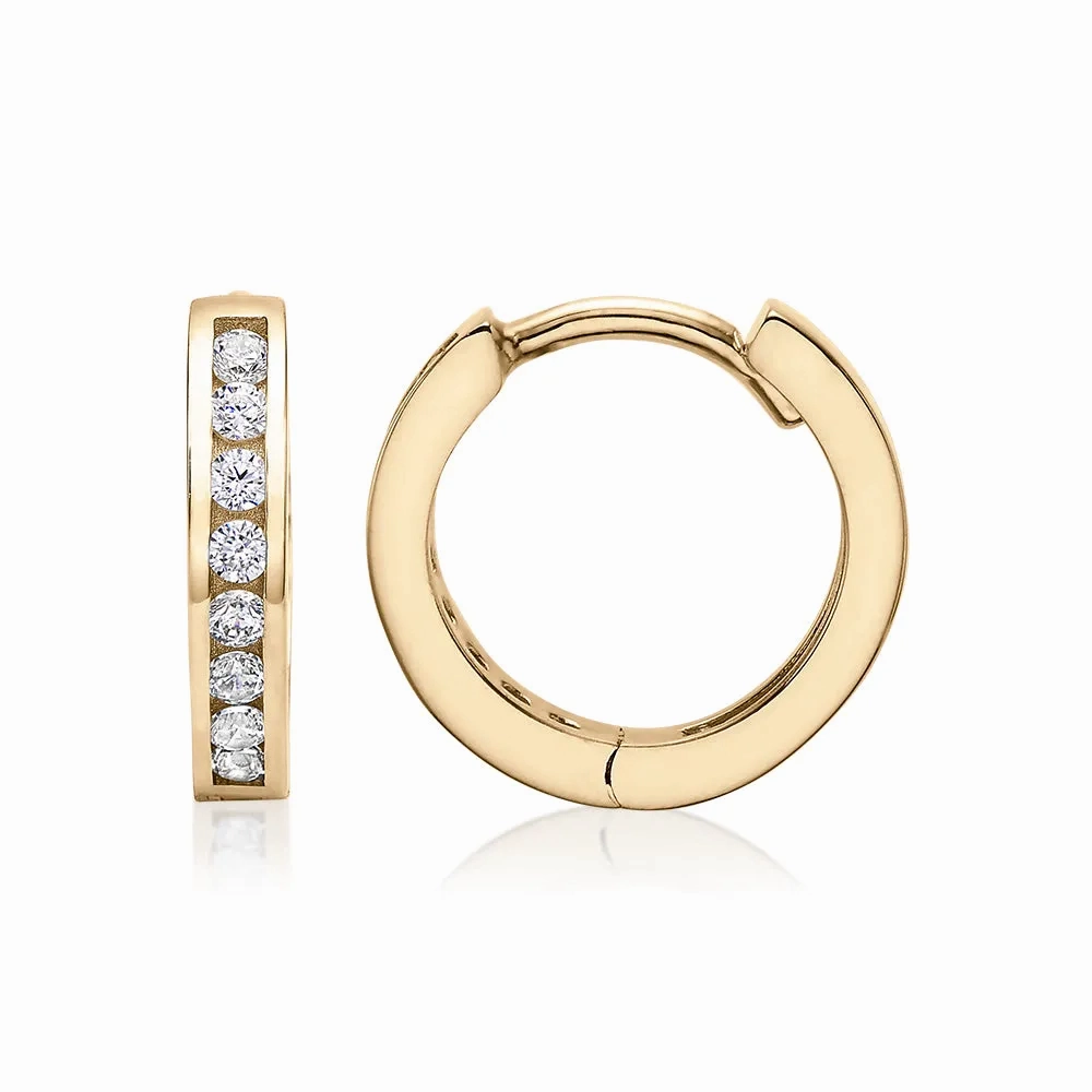 Round Brilliant hoop earrings with diamond simulants in 10 carat yellow gold
