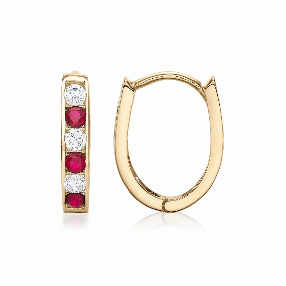 Round Brilliant hoop earrings with ruby and diamond simulants in 10 carat yellow gold
