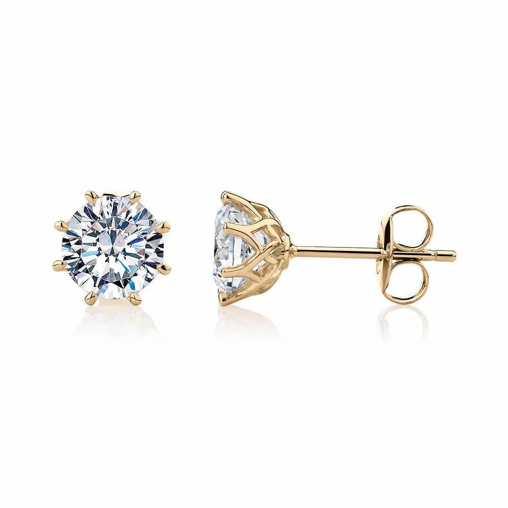 Round Brilliant stud earrings with 2 carats* of diamond simulants in 10 carat yellow gold