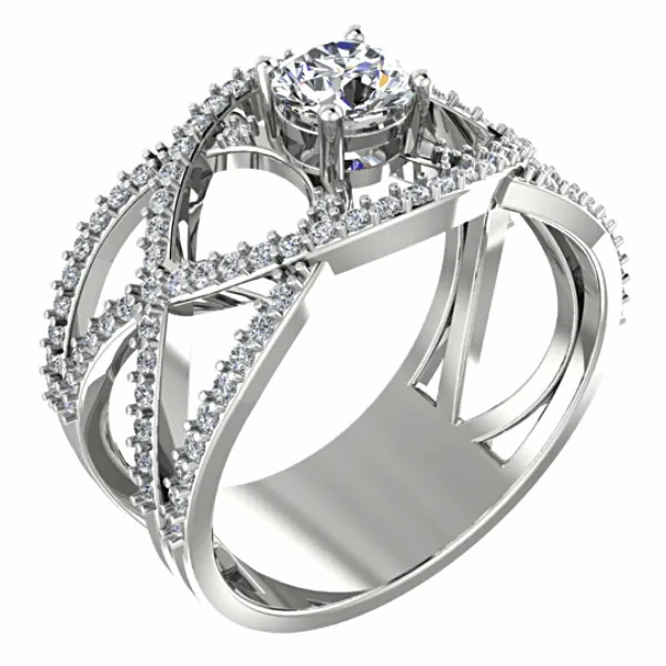 Round Diamond Ring Twisted Band with Sides Stones 18K White Gold Setting