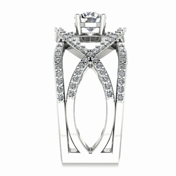 Round Diamond Ring Twisted Band with Sides Stones 18K White Gold Setting