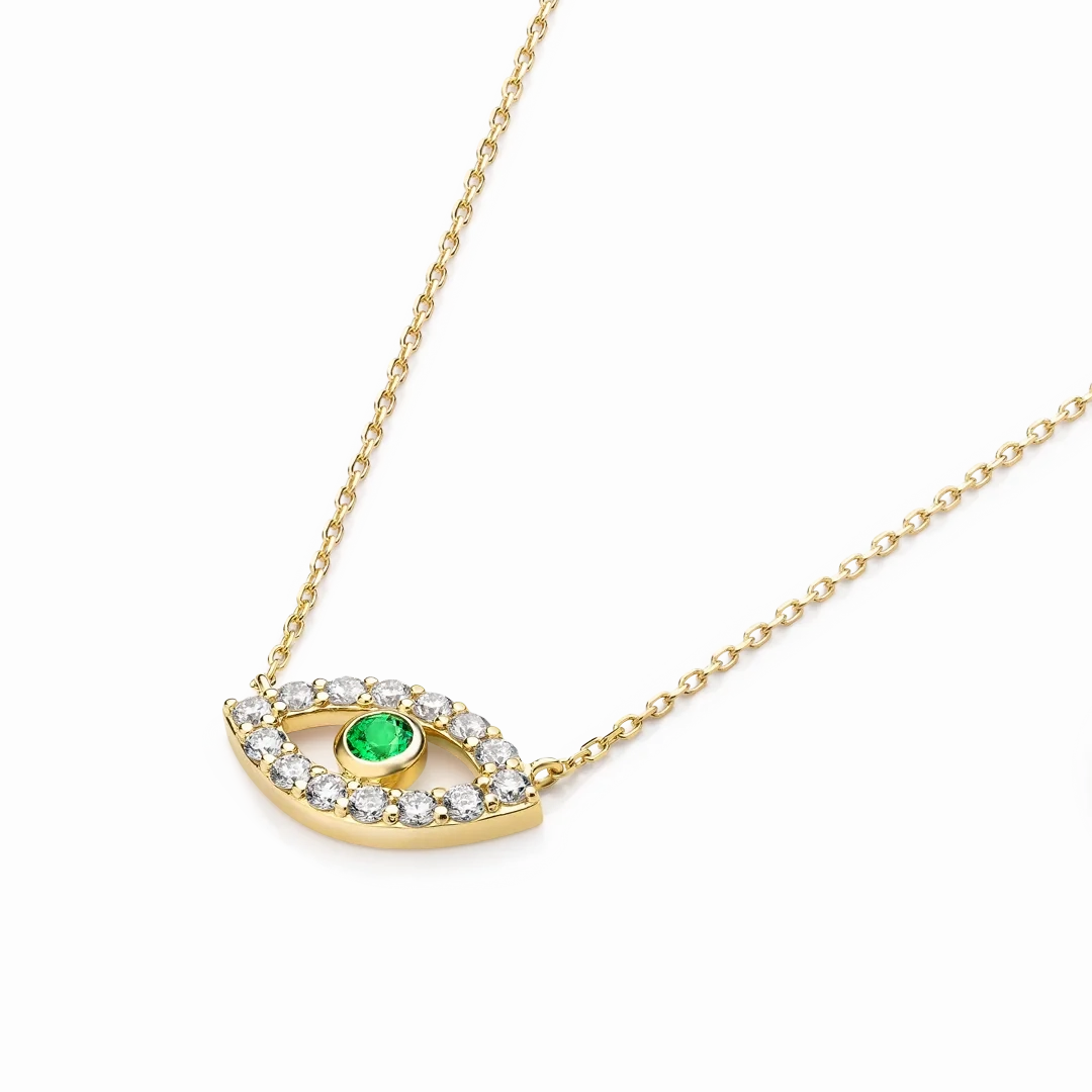 Round Evil Eye Green Emerald Pendant Yellow Gold