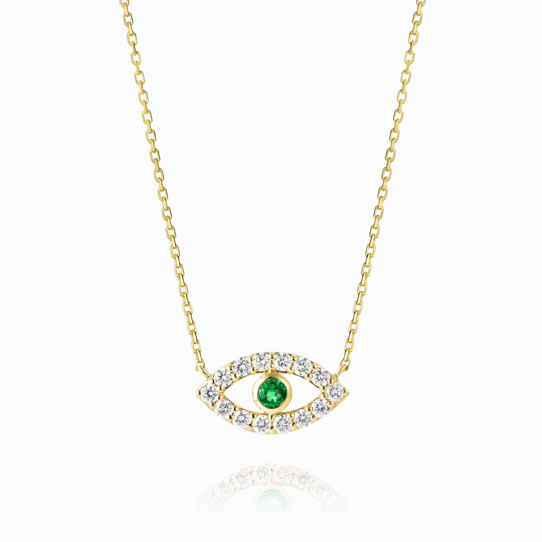 Round Evil Eye Green Emerald Pendant Yellow Gold