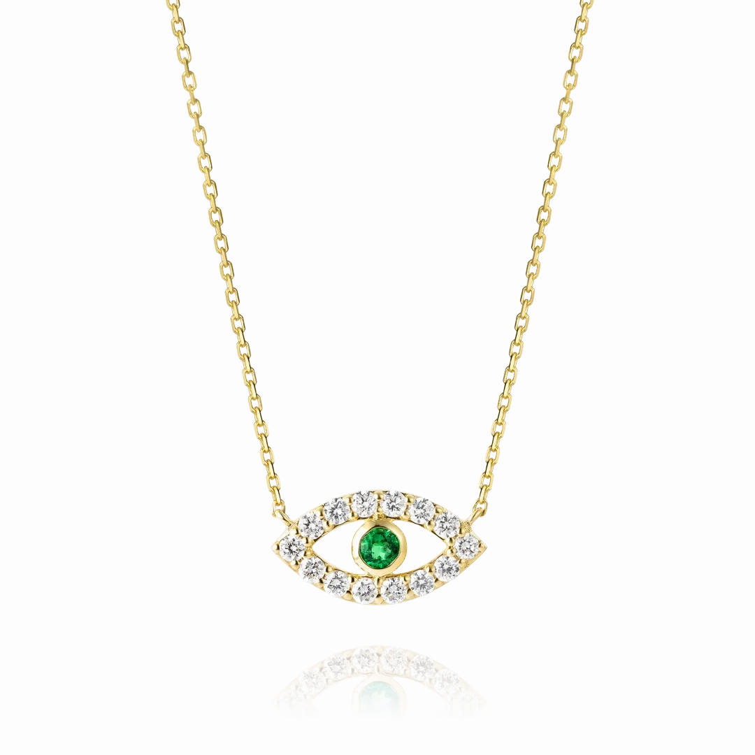 Round Evil Eye Green Emerald Pendant Yellow Gold