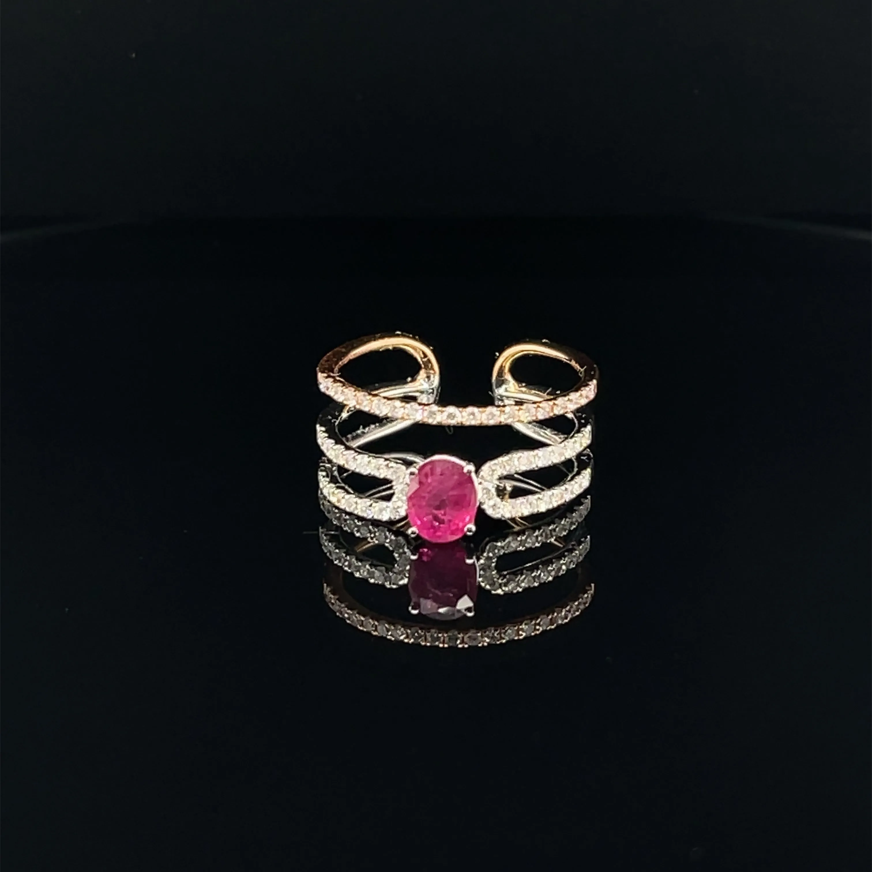 Ruby &amp; Diamond Triple Stack Open Cuff Ring in 18k Two Tone Gold - (#41-HRRUB000306)