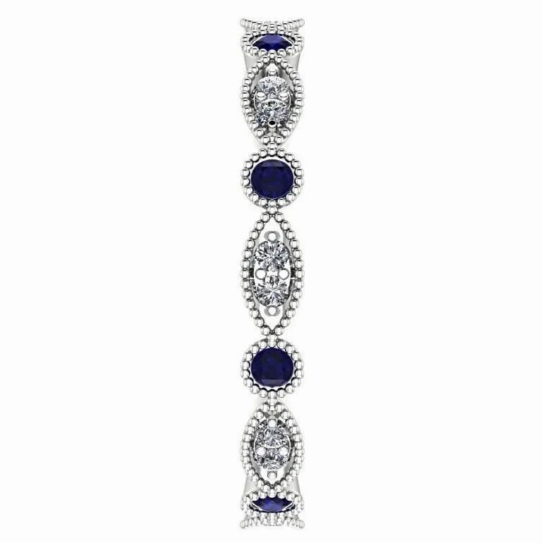 Sapphire and Diamond Milgrain Marquise and Dot Eternity Ring 14K White Gold