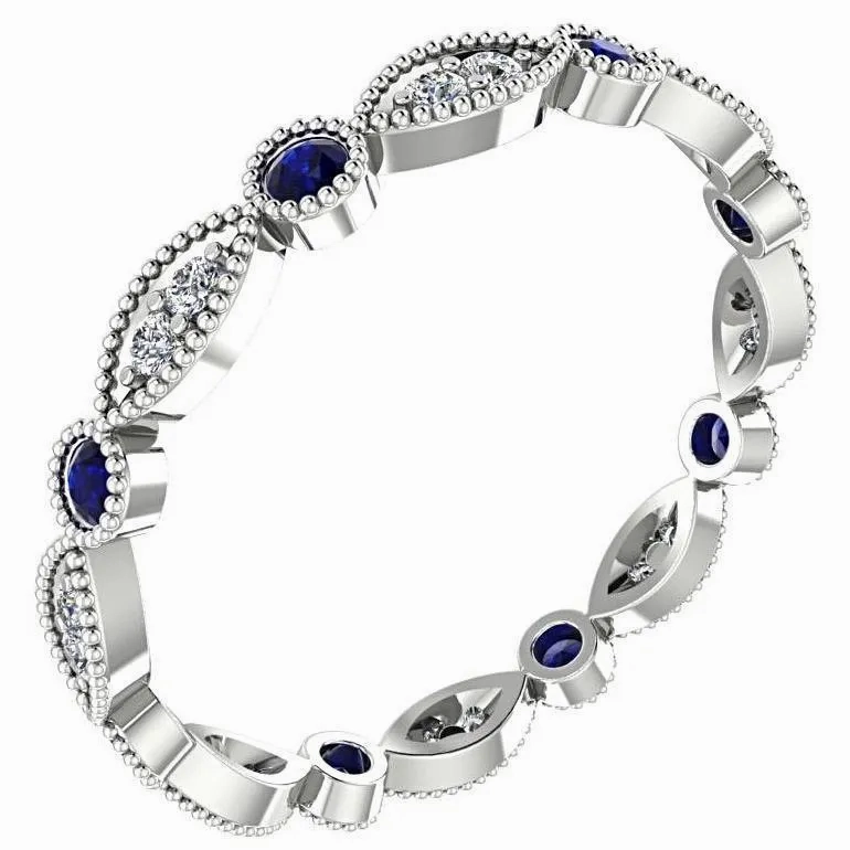 Sapphire and Diamond Milgrain Marquise and Dot Eternity Ring 14K White Gold