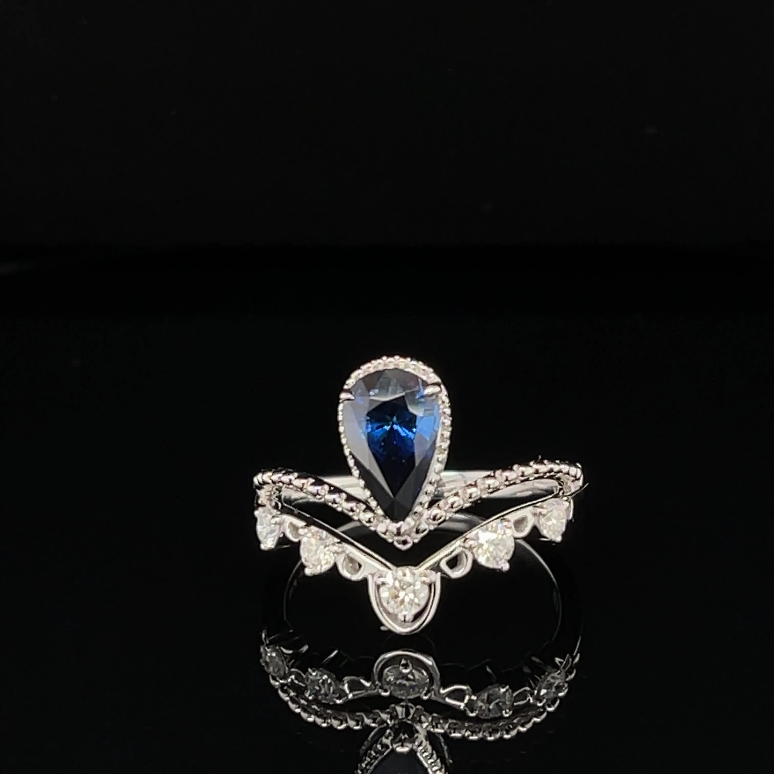 Sapphire Droplet &amp; Diamond 1.88ctw Double Chevron Crown Ring in 18k White Gold - #272 - RGSAP216801