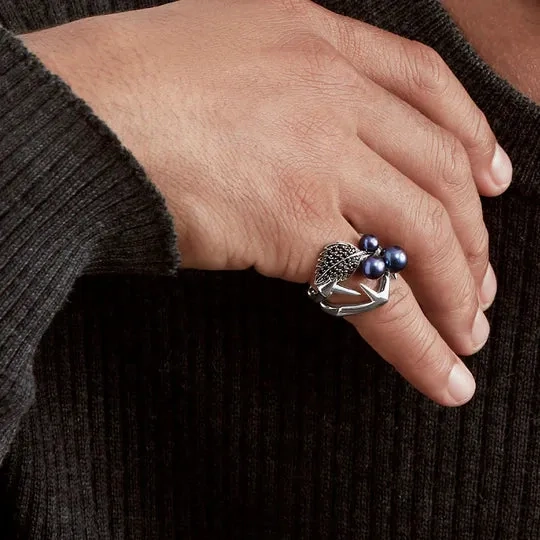 Shaun Leane Blackthorn Sterling Silver Black Spinel Pearl Leaf Ring