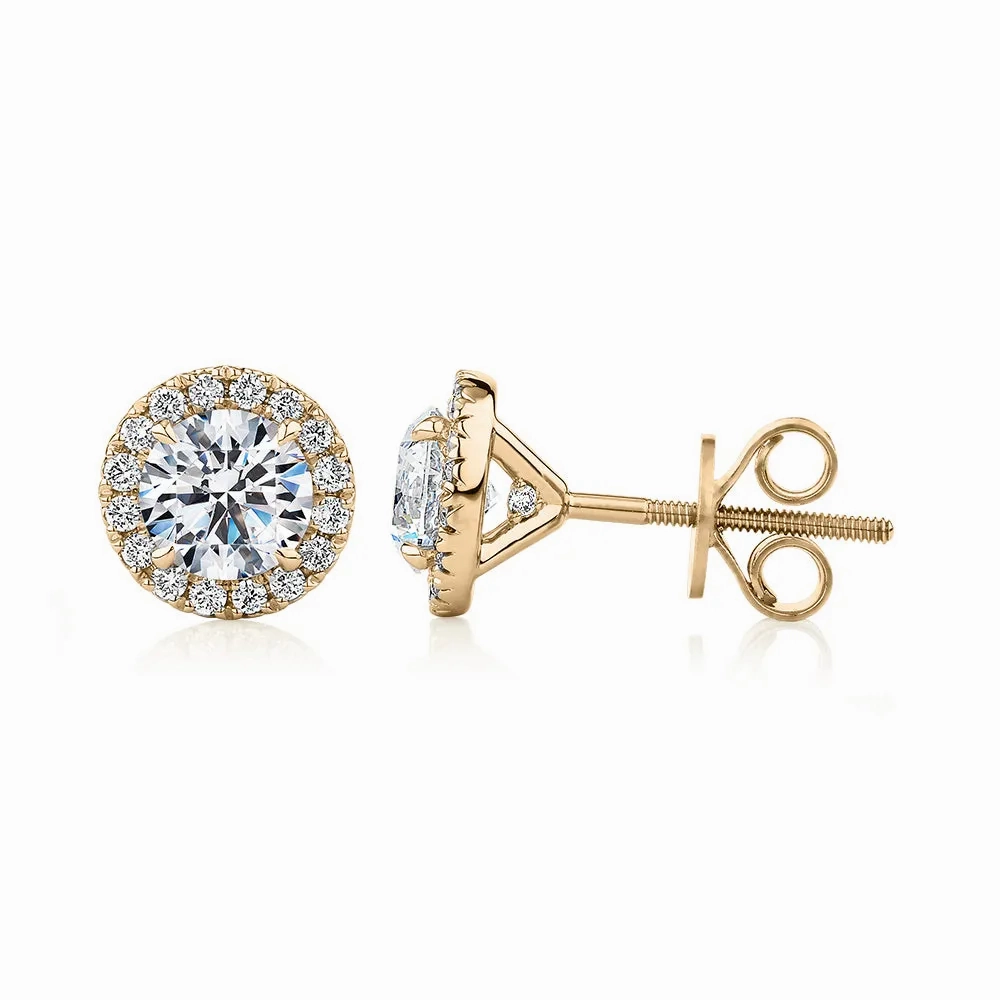 Signature Simulant Diamond 1.67 carat* TW round brilliant halo earrings in 14 carat yellow gold
