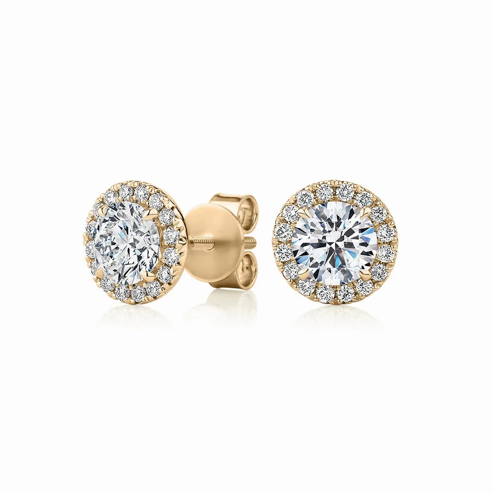Signature Simulant Diamond 1.67 carat* TW round brilliant halo earrings in 14 carat yellow gold