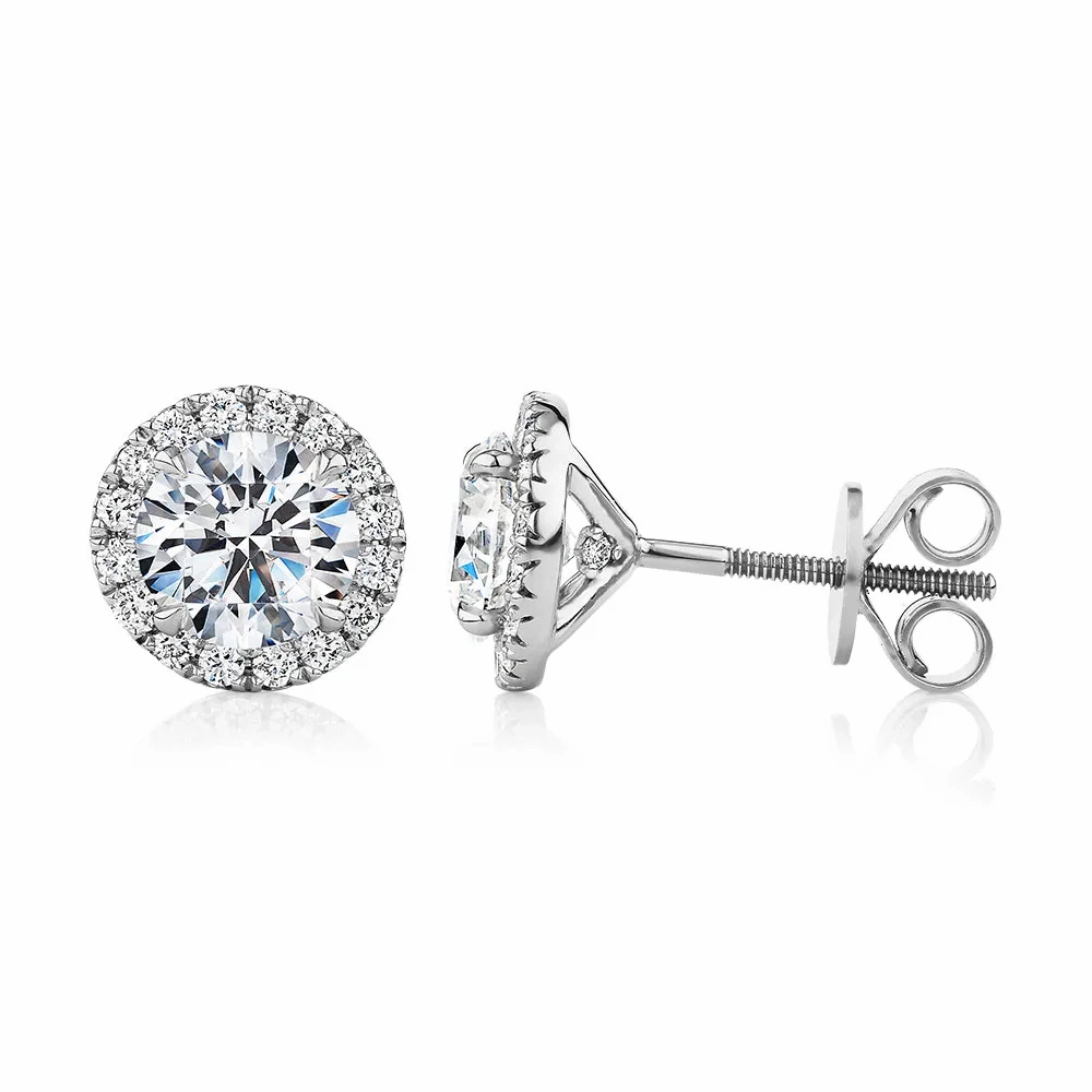 Signature Simulant Diamond 2.35 carat* TW round brilliant halo earrings in 14 carat white gold
