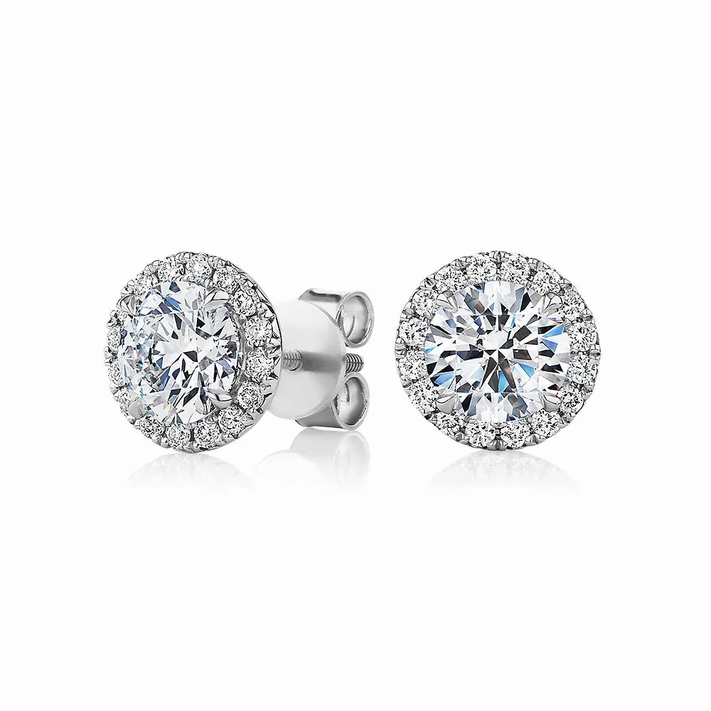 Signature Simulant Diamond 2.35 carat* TW round brilliant halo earrings in 14 carat white gold
