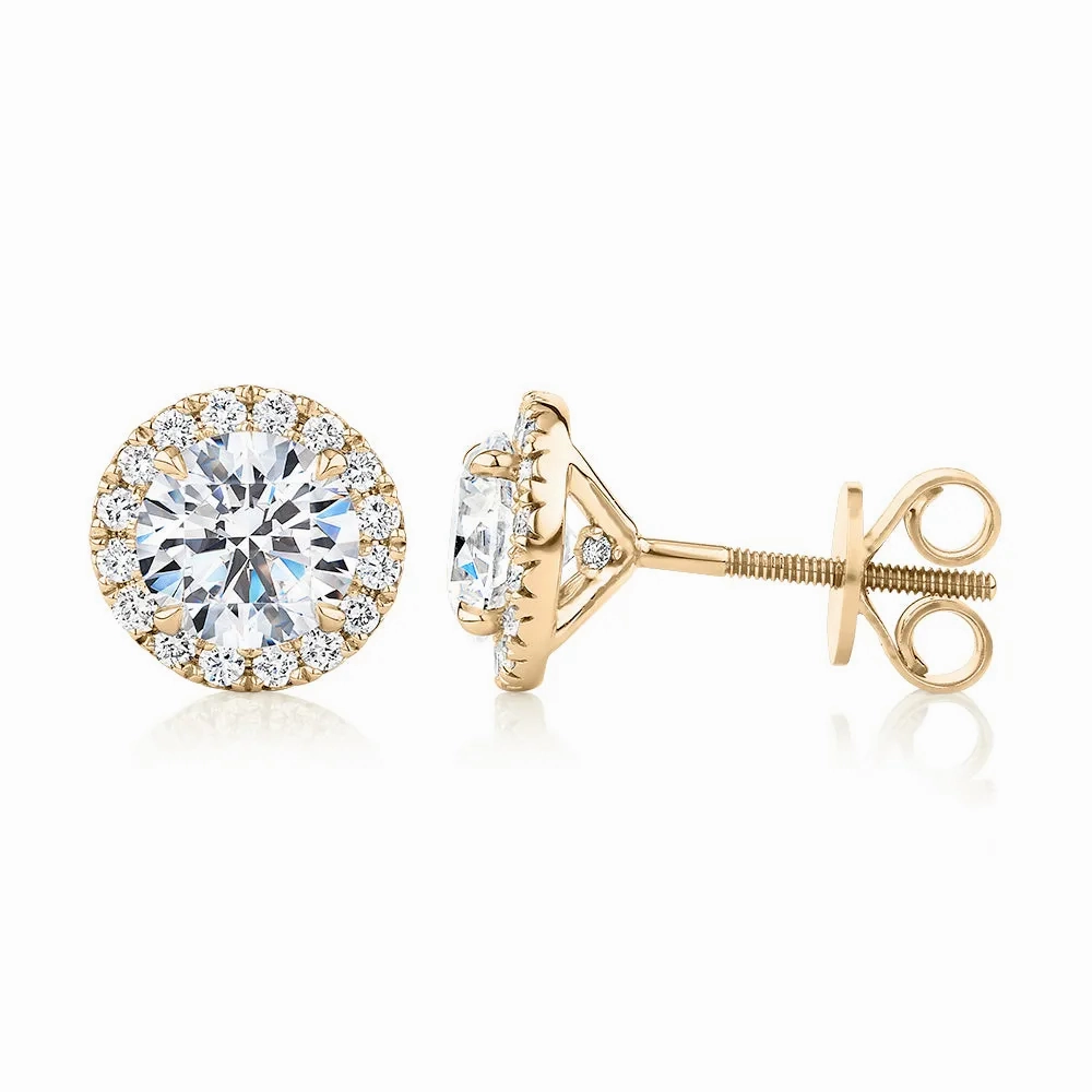 Signature Simulant Diamond 2.35 carat* TW round brilliant halo earrings in 14 carat yellow gold