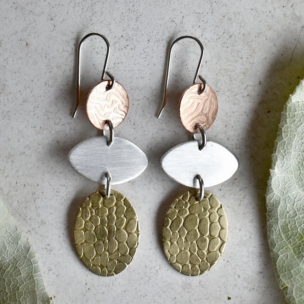 Silver, Brass &amp; Copper Triple Drop Earrings