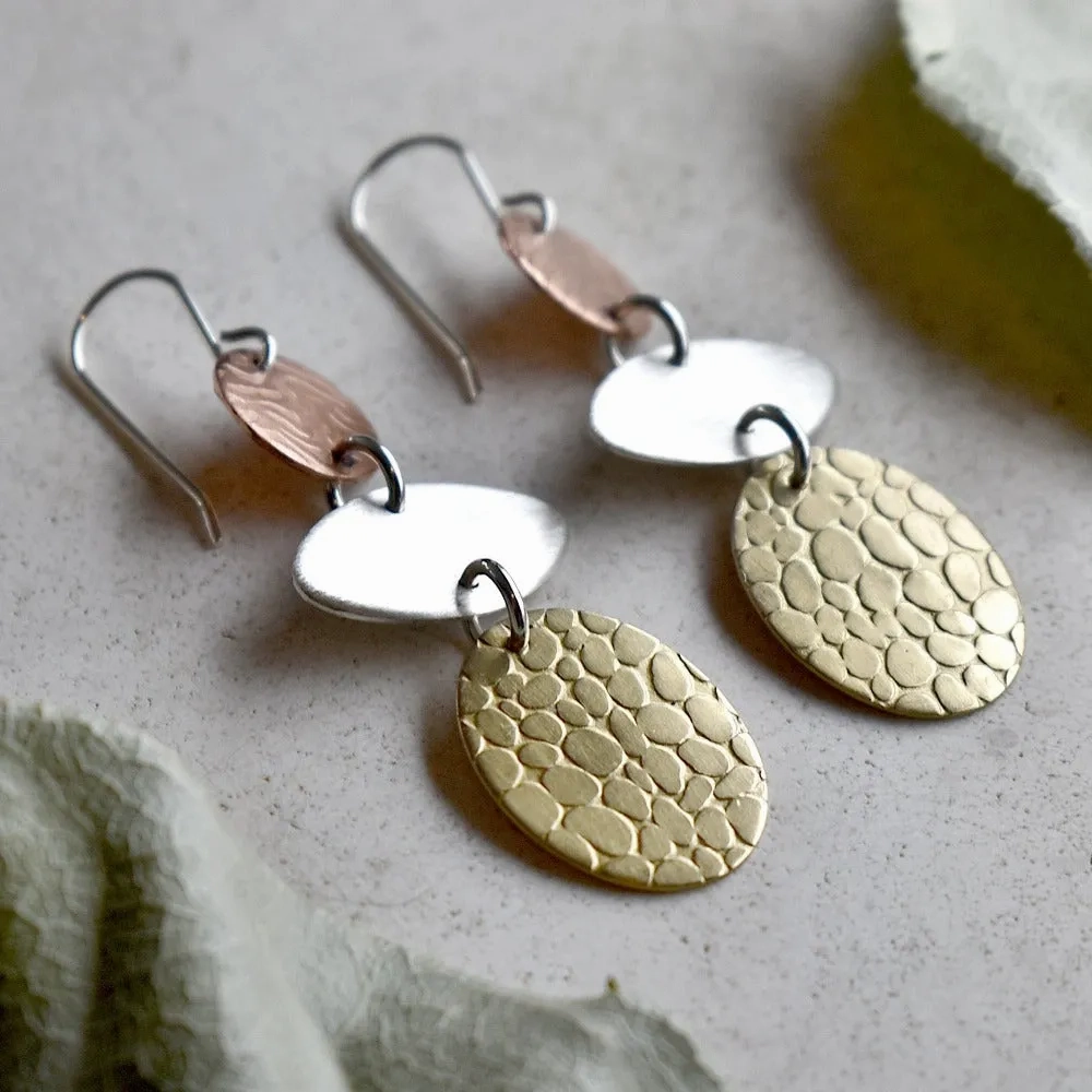 Silver, Brass &amp; Copper Triple Drop Earrings