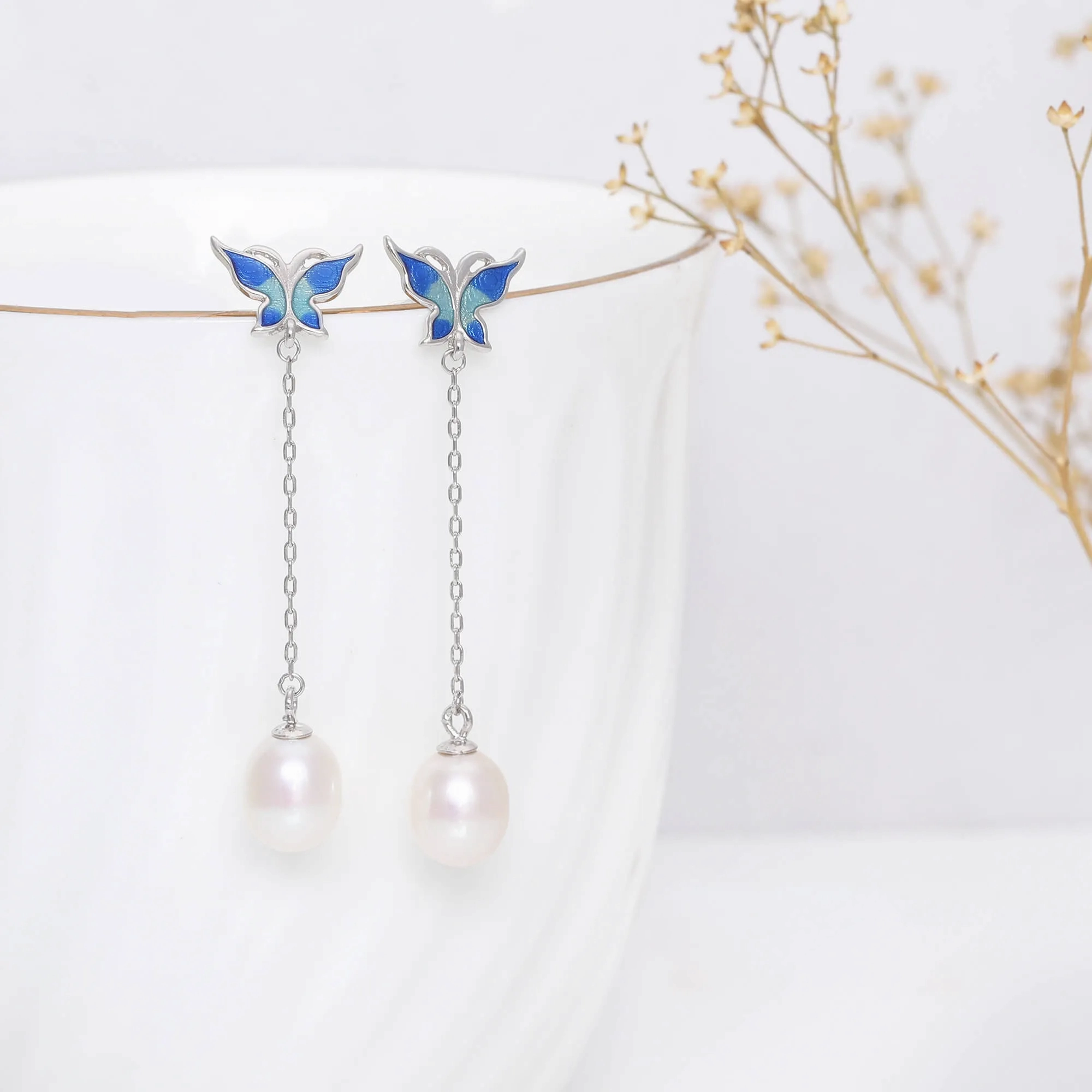 Silver Butterfly Pearl Dangle Earrings