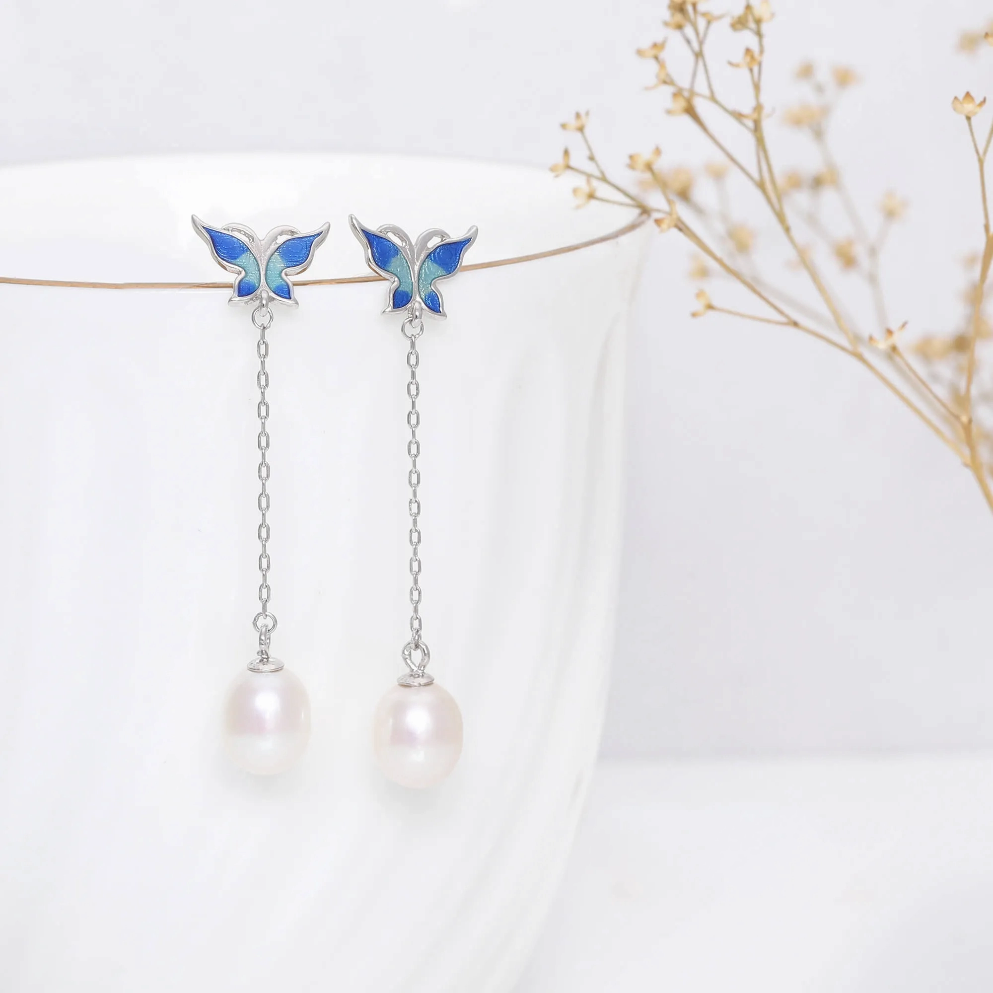 Silver Butterfly Pearl Dangle Earrings