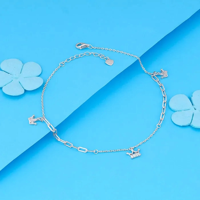 Silver Crown Charm Anklet