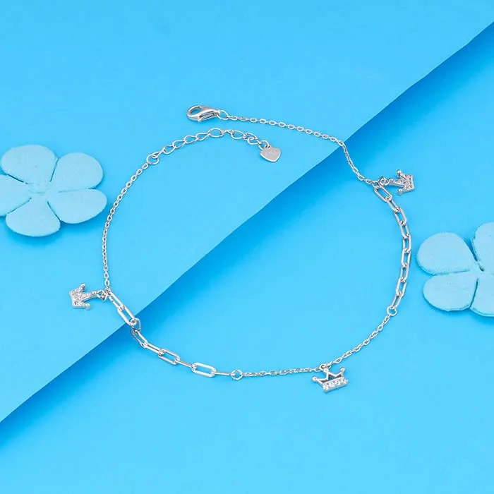 Silver Crown Charm Anklet