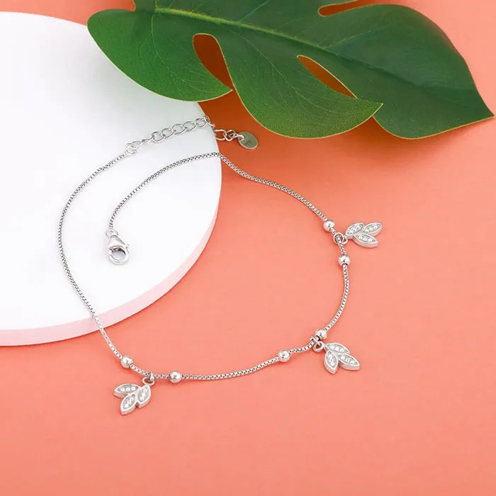Silver Dangling Triple Leaf Charm Anklet