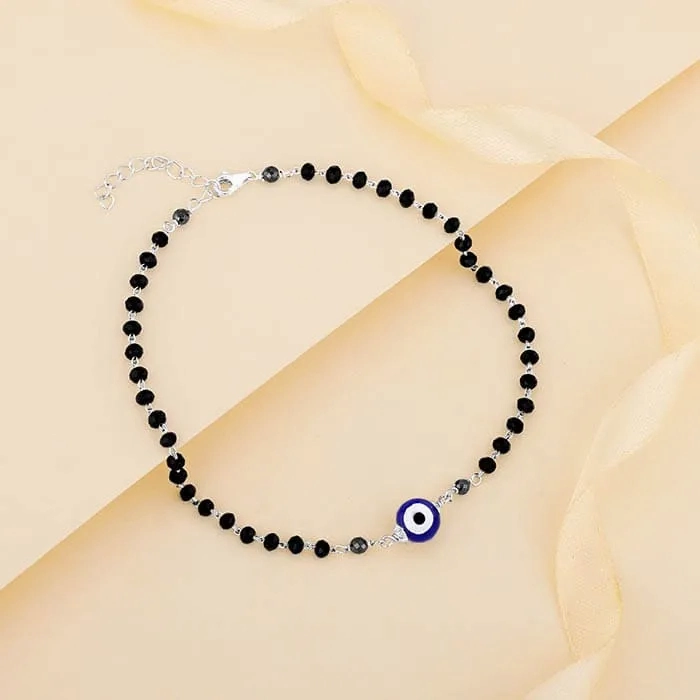 Silver Evil Eye Beaded Anklet