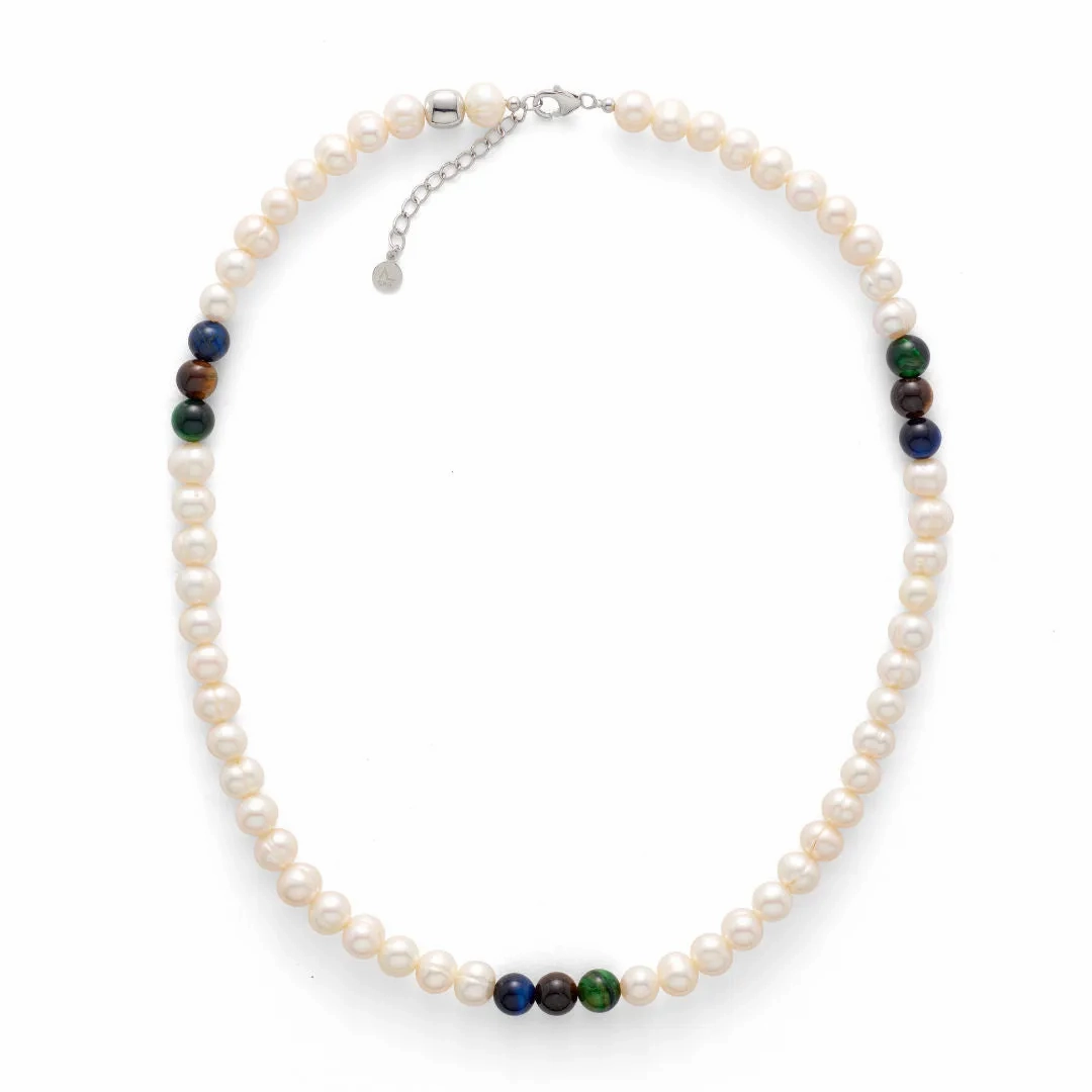 Silver Necklace w. Pearls &amp; Green Tiger's Eye