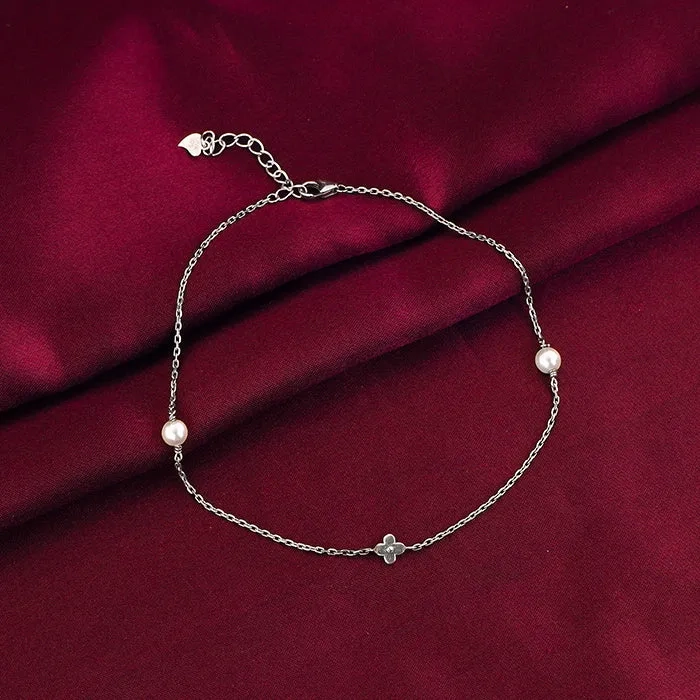 Silver Pearls &amp; Flower Anklet