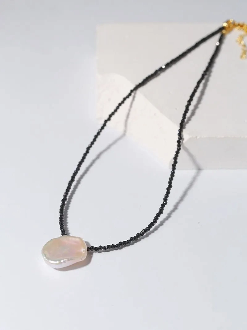 Single Large Petal Baroque Pearl Black Spinel Necklace